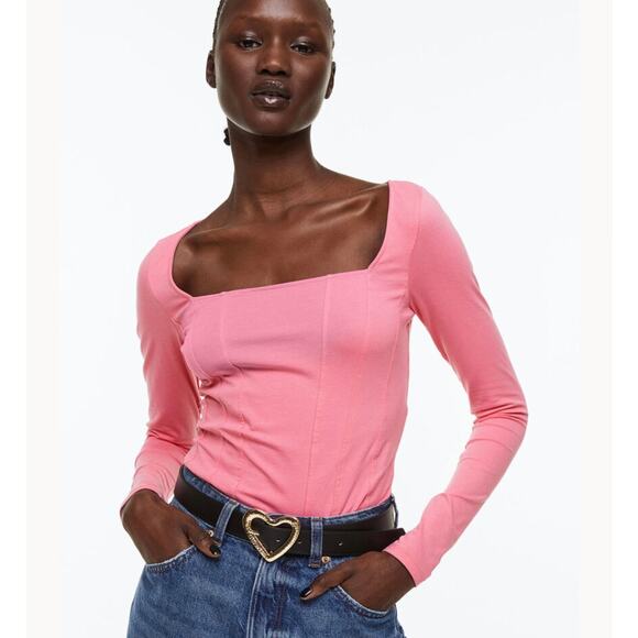 H&M Pink Corset Style Long Sleeve Bodysuit Pink Size Medium - Picture 1 of 5